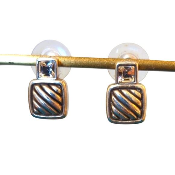 Unbranded Jewelry - Silver Tone Textured Square W/ Emerald Cut Rhinestone Post Earring